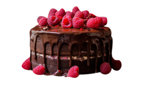 Delicious chocolate cake with chocolate icing and raspberries on transparent background png