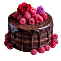 Delicious chocolate cake with chocolate icing and raspberries on transparent background png