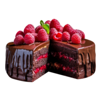 Delicious chocolate cake with chocolate icing and raspberries on transparent background png