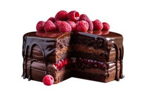 Delicious chocolate cake with chocolate icing and raspberries on transparent background png