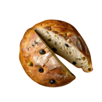 Freshly baked olive bread loaf on transparent background png