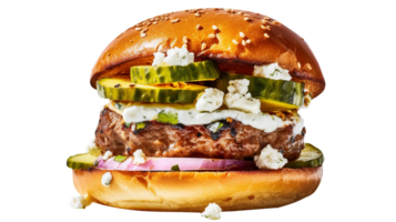 delicioso griego Cordero hamburguesa aislado en transparente antecedentes png