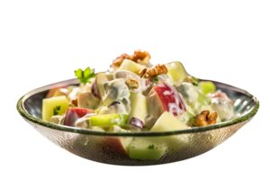 Freshly made Waldorf salad bowl isolated on transparent background png