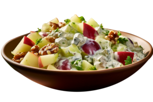 Freshly made Waldorf salad bowl isolated on transparent background png