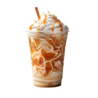 Iced caramel latte topped with whipped cream and caramel sauce. perfect for drink catalog. ai generated png