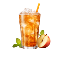 Apple juice ice surrounded by apples and leaves. ai generated png