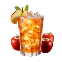 Apple juice ice surrounded by apples and leaves. ai generated png