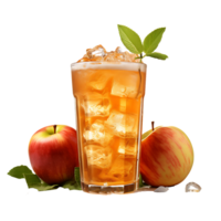 Apple juice ice surrounded by apples and leaves. ai generated png