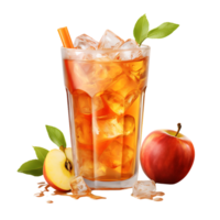 Apple juice ice surrounded by apples and leaves. ai generated png