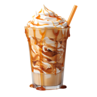 Iced caramel latte topped with whipped cream and caramel sauce. perfect for drink catalog. ai generated png