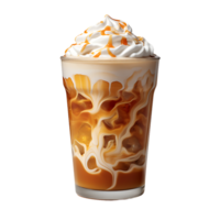 Iced caramel latte topped with whipped cream and caramel sauce. perfect for drink catalog. ai generated png