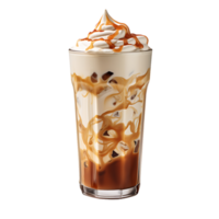 Iced caramel latte topped with whipped cream and caramel sauce. perfect for drink catalog. ai generated png