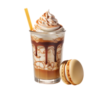 Iced caramel latte topped with whipped cream and caramel sauce. perfect for drink catalog. ai generated png