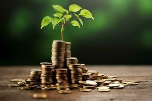 Stacking coins and Trees growing in coin in bokeh background. Ai Generated. photo