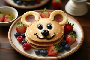 divertido niño desayuno, tortita oso sonriente cara con varios frutas foto