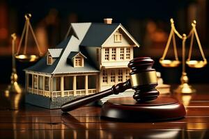 Judge gavel and Property. Estate law concept. Miniature. Ai Generated photo