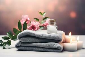 Beautiful spa composition on massage table. Towel on fern with candles with blurred background. Ai Generated photo