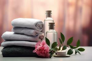 Beautiful spa composition on massage table. Towel on fern with candles with blurred background. Ai Generated photo