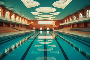 Public indoor swimming pool in creative concept. Ai Generated photo