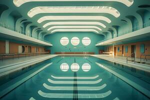 Public indoor swimming pool in creative concept. Ai Generated photo