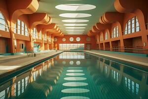 Public indoor swimming pool in creative concept. Ai Generated photo