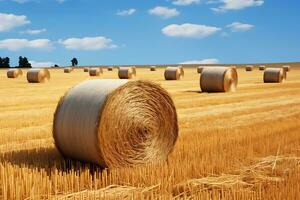 Landscape view of agricultural parcels of different crops. Huge hay bales in the field. Ai Generated photo