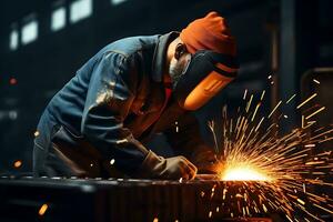 experto trabajador con brillante chispas engranaje en el automotor industria ai generado foto