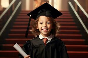 A Child prodigy celebrating graduation with certificate and cap. AI Generated. photo