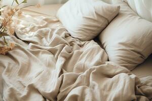 An unmade bed with white linens. with blanket on bed unmade. Concept of relaxing after morning. AI Generated photo