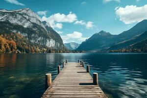 Wide view of wooden pier by the lake with mountain view. AI Generated. photo