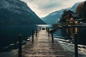 Wide view of wooden pier by the lake with mountain view. AI Generated. photo