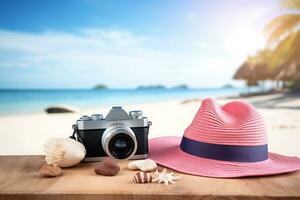 Summer idea Concept of Beach accessories consist vintage camera, hat and bunch of shells. AI Generated. photo