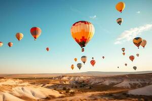 vistoso caliente aire globos volador terminado rock paisaje. capadocia, pavo. ai generado. foto