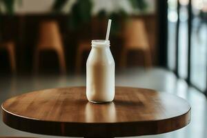 cerca arriba Disparo ángulo de botellas de sésamo y almendra Leche con pajitas en de madera mesa. ai generado foto