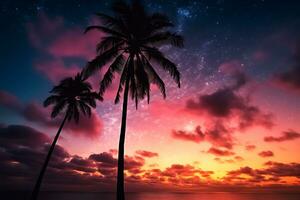 Tropical sunset palm tree under galaxy sunset sky. AI Generated. photo