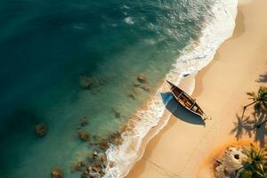 Aerial view of the ocean waves with people and boat on seashore. AI Generated. photo