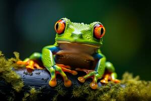 Vibrant Red-eyed tree frog on the leaf. AI Generated. photo