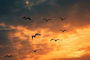 Flock of birds migrating during sunset. Clouds for background. AI Generated. photo