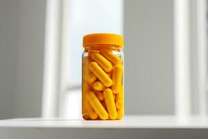 Orange Perscription bottle with pills inside. AI Generated. photo