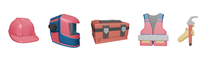 3D icon labor day collection rendered isolated on the transparent background. construction helmet, welding mask, toolbox, safety vest, and hand holding wrench object for your design. png