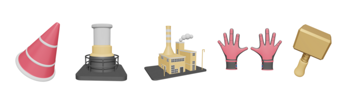 3D icon labor day collection rendered isolated on the transparent background. construction cone, factory chimney, factory building, worker gloves, and hammer object for your design. png