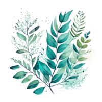 Watercolor hand drawn green leaves with sketches. AI generative png