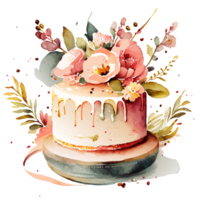 Watercolor hand drawn birthday cake.  AI generative png