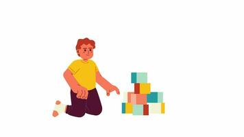 enfant en jouant avec en bois blocs 2d personnage animation. jardin d'enfants jouet plat dessin animé 4k vidéo, transparent alpha canaliser. bambin garçon bâtiment pyramide cubes Animé la personne sur blanc Contexte video