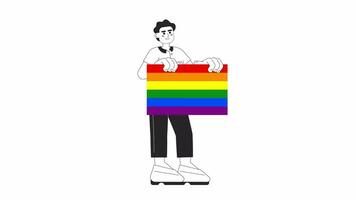 Hispanic gay man holding lgbtq flag bw 2D character animation. Pride parade outline cartoon 4K video, alpha channel. Candid young male homosexual animated person isolated on white background video