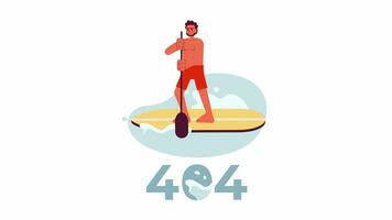 Indisch Mens paddle boarding Aan meer 404 fout animatie. sup surfen fout bericht gif, beweging grafisch. vent staand omhoog peddelen bord geanimeerd karakter tekenfilm 4k video geïsoleerd Aan wit achtergrond