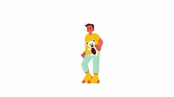Angry preteen boy with stuffed bear threatening 2D character animation. Playground bully flat cartoon 4K video, transparent alpha channel. Jealous boy stealing toy animated person on white background video
