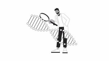 Scientist studying dna strand rotating bw outline 2D animation. Researcher with magnifier 4K video motion graphic. Genetic engineer monochrome linear animated cartoon flat concept, white background