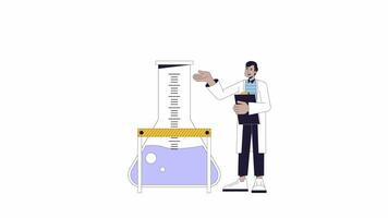 College student in science lab line 2D animation. South asian man in labcoat 4K video motion graphic. Indian scientist talking with speech cloud linear animated cartoon flat concept, white background