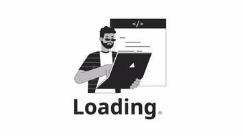 It developer coding on laptop bw loading animation. Software engineering remote employee outline 2D cartoon character 4K video loading motion graphic. Coder animated gif isolated on white background